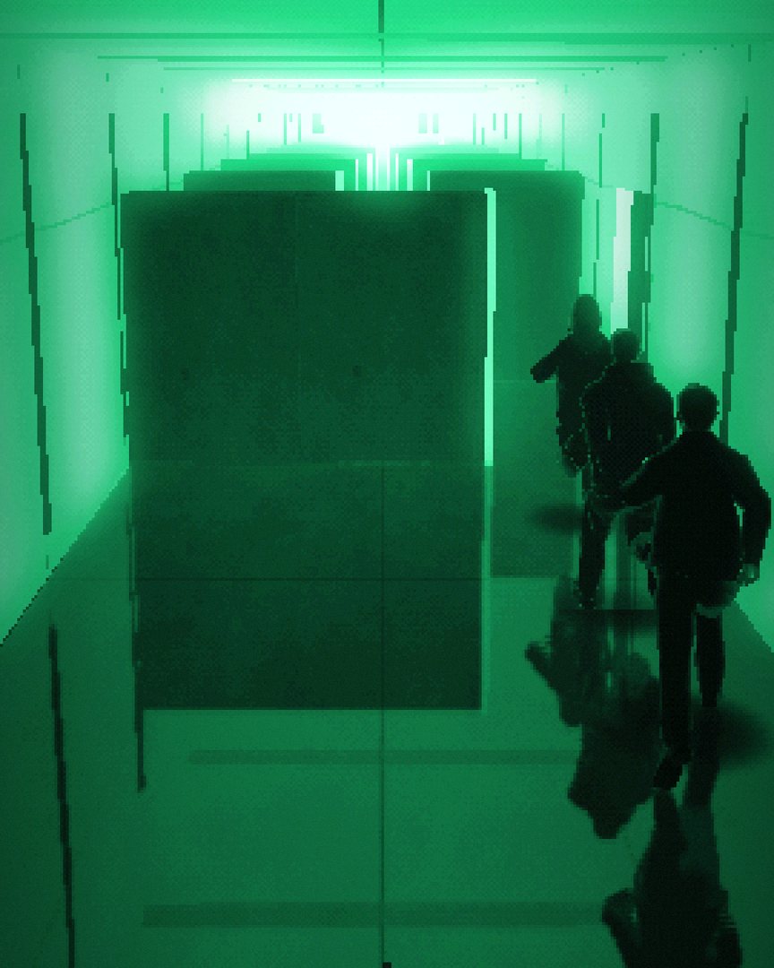 PORTAL: three runners in a green-lit corridor, running toward the light